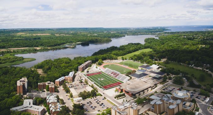 A drone shot of the campus and surrounding area