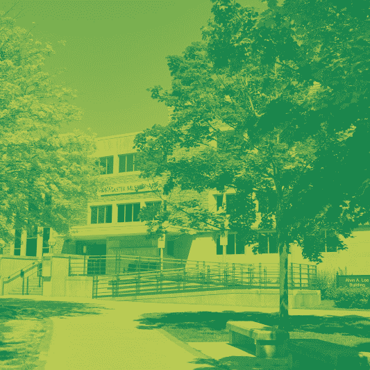 A green yellow duotone image of the art gallery on campus