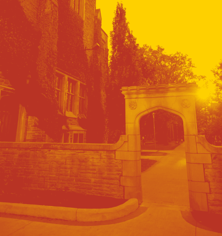 A red yellow duotone image of the McMaster archway