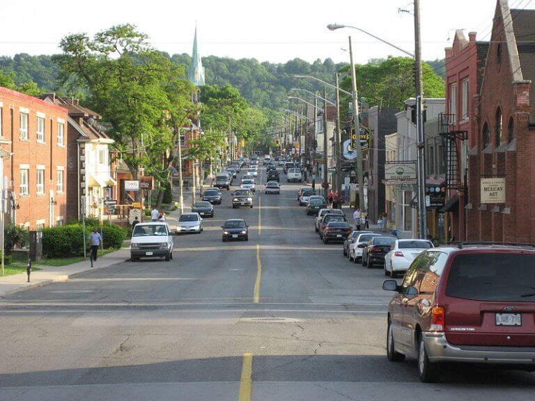 A streetview of a road in Hamilton