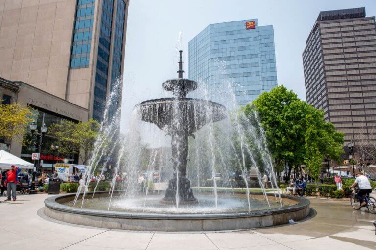 A fountain in the middle of downtown Hamilton