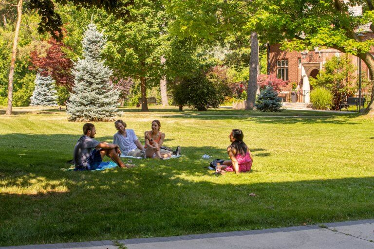 Four people sitting on the grass on campus in the summer