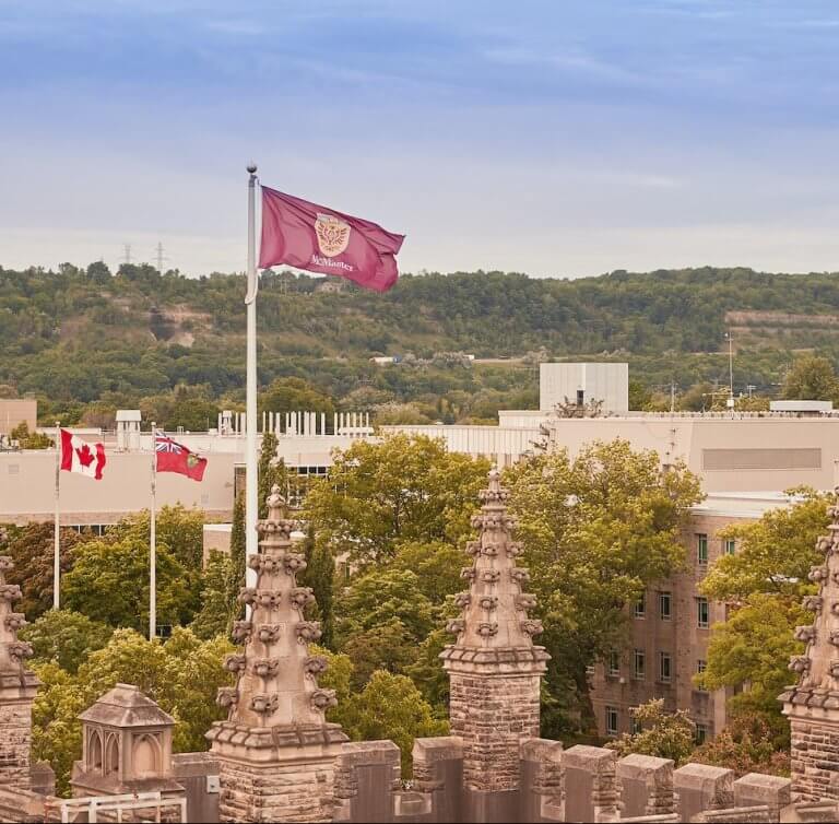 A drone shot of the McMaster flag mounted atop University Hall on campus