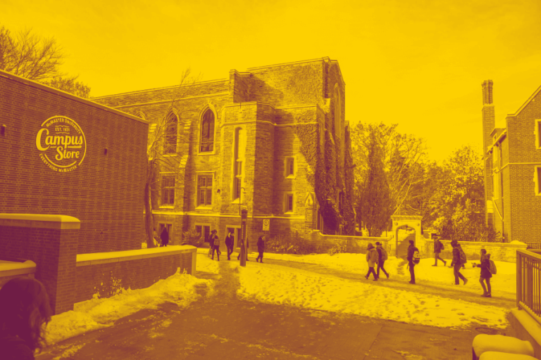 A yellow maroon duotone image of the campus store building