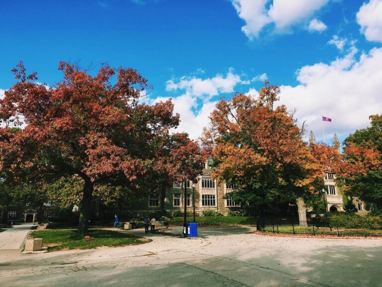 A scenic shot of University Hall at McMaster in the fall