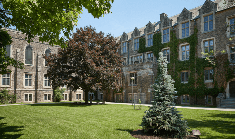 A scenic shot of McMaster buildings in faculty hollow